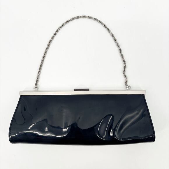Ann Taylor Loft Black Patent Clutch Shoulder Bag Silver Chain Strap Glossy - Picture 3 of 6
